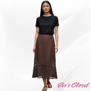 Bandolino Women's Chocolate Brown Midi Skirt. Sz 6 Linen Blend Crochet Bottom
